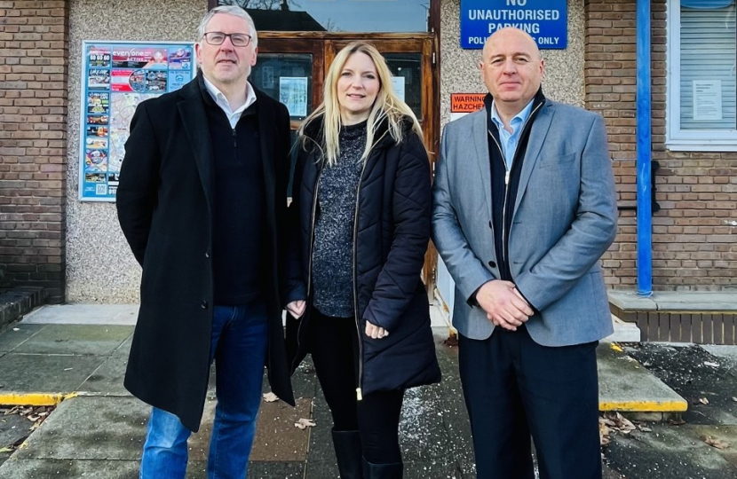 Julia Lopez campaigning outside Hornchurch Police Station with Dominic Swan, Chair of Hornchurch & Upminster Conservative Association, and Keith Prince AM, London Assembly Member for Havering & Redbridge