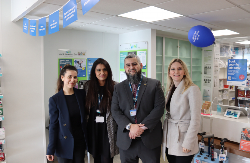 Julia Lopez MP at the Well Pharmacy, Harold Wood