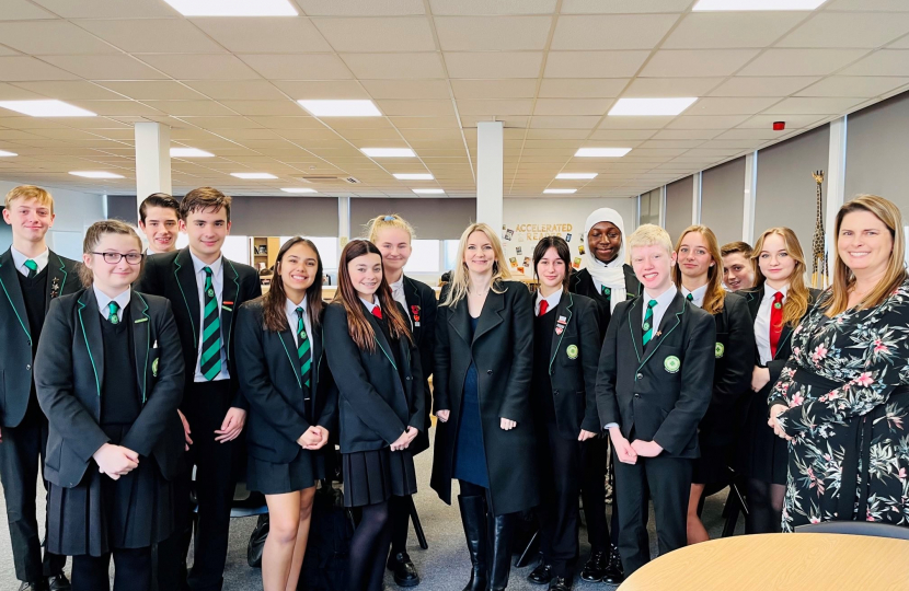 Julia Lopez MP with pupils at Abbs Cross Academy