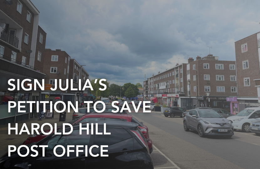 Shot of Harold Hill High Street which says "Sign Julia's petition to save Harold Hill Post Office."