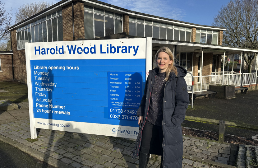 Julia Lopez stood next to the sign for Harold Wood library