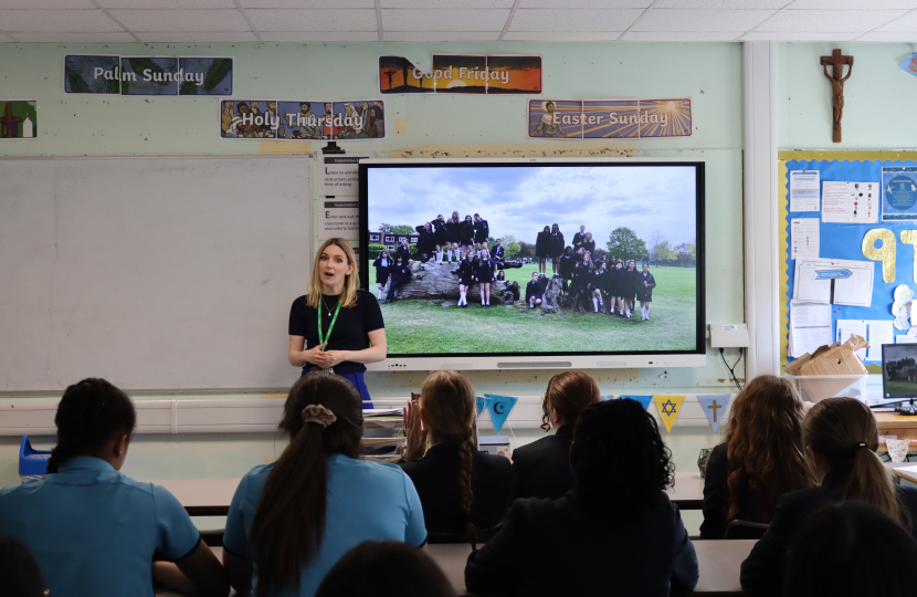 Julia addressing pupils at Sacred Heart of Mary Girls' School