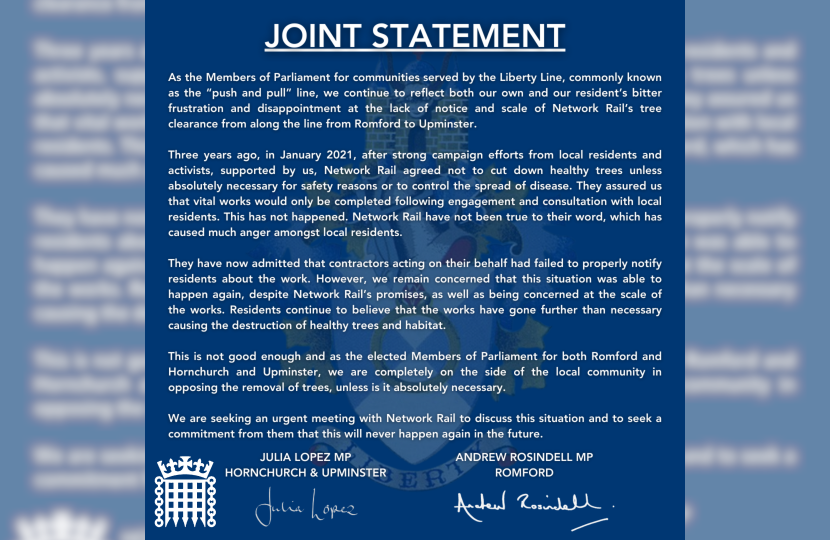 Graphic with the statement from Julia Lopez and Andrew Rosindell