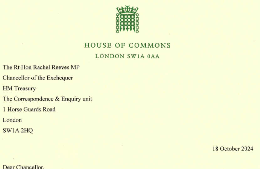 Letterhead of the letter to Rachel Reeves on yellow paper with a green portcullis at the top of the letter.