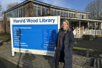 Julia Lopez stood next to the sign for Harold Wood library