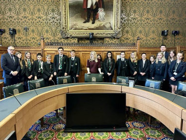 Julia Lopez MP with pupils from Abbs Cross Academy and the Sacred Heart of Mary