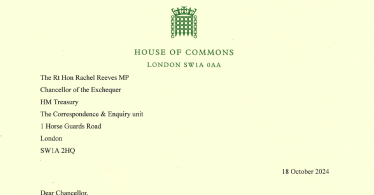 Letterhead of the letter to Rachel Reeves on yellow paper with a green portcullis at the top of the letter.